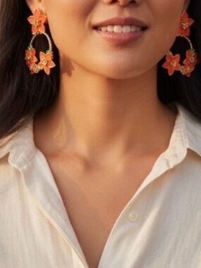 NEW• SugarFix By BaubleBar Unique Statement Drop Earrings- Orange Floral Design